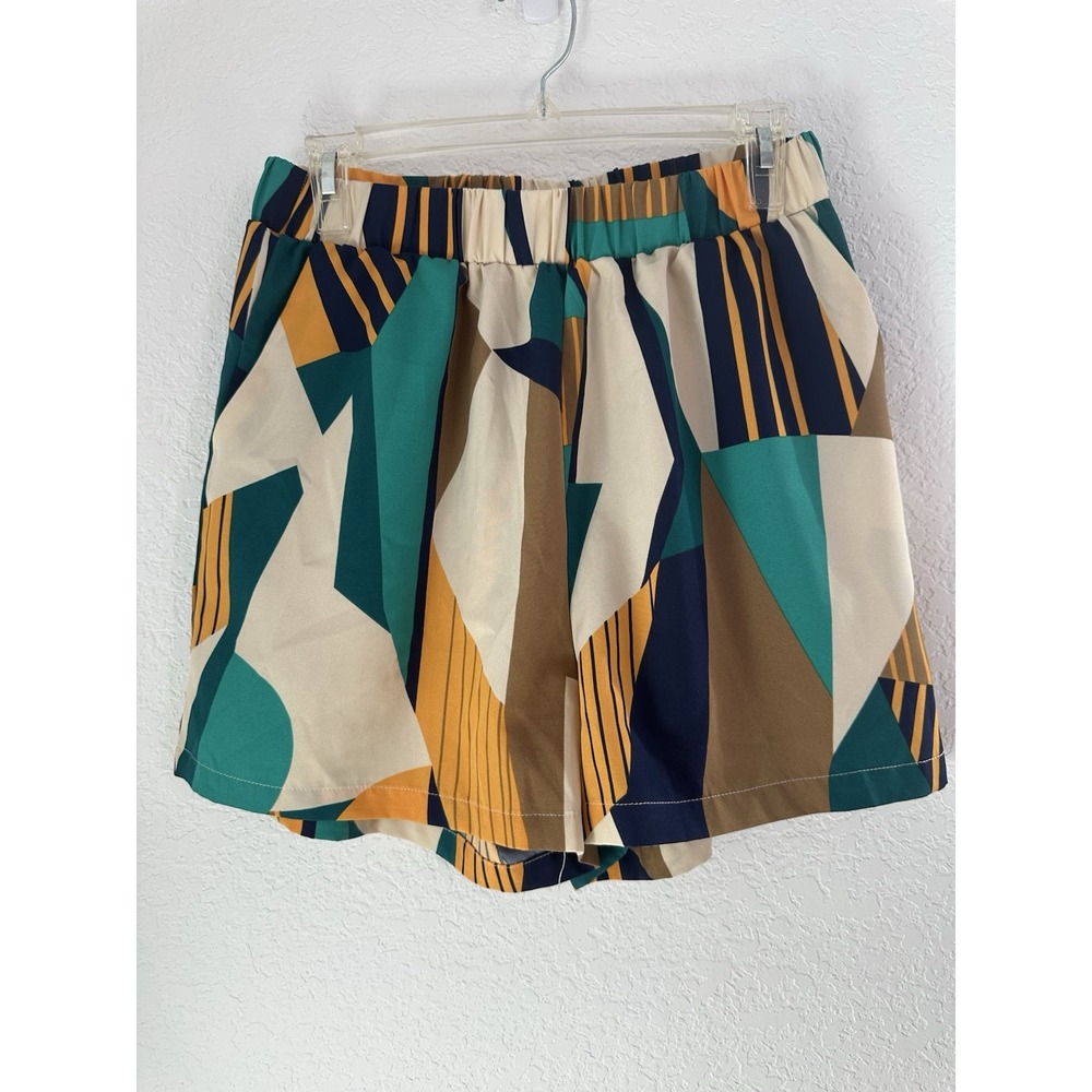 Womens Resortwear Abstract Geo Print Shorts Sz. L Slash Pocket Elastic Waist - Picture 9 of 9